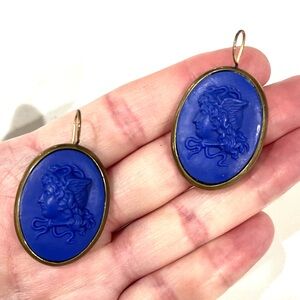 Collectible VTG Extasia Cobalt Blue Glass Cameo Earrings – Winged Mercury Design